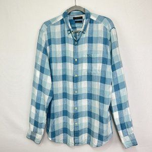 Banana Republic Mens L Shirt Camden Fit Plaid Blue White Plaid 100% Linen L/S #F